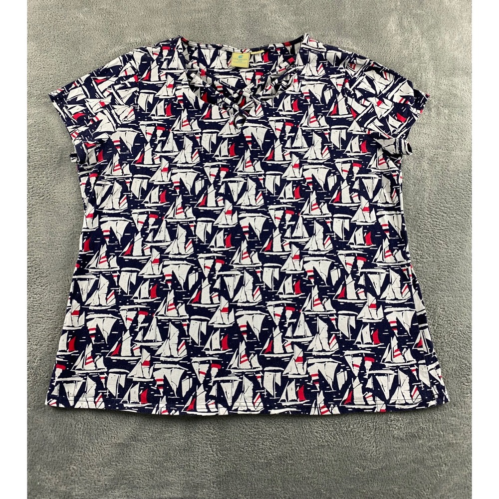 Caribbean Joe Womens Navy Blue Sailboat Print Split Neck Short Sleeve Top L